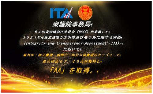 衆議院事務局 透明性及びモラルに関する評価（ITA）タイ国内最高得点９７．４６点 「AA」 獲得